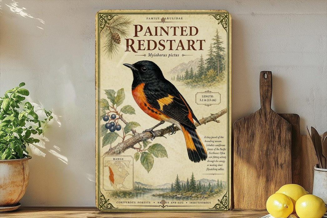 a vintage-style poster of a painted redstart bird on a branch, surrounded by illustrations of pine trees and berries.