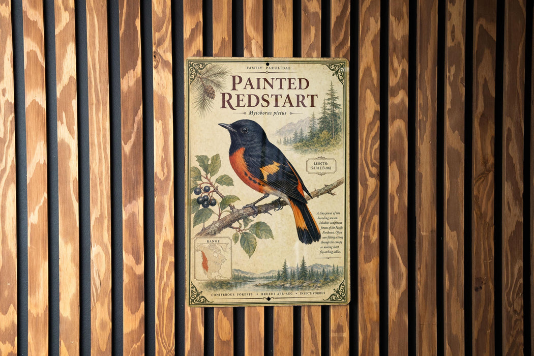 a poster of a painted redstart bird perched on a branch, with a map and text below it.