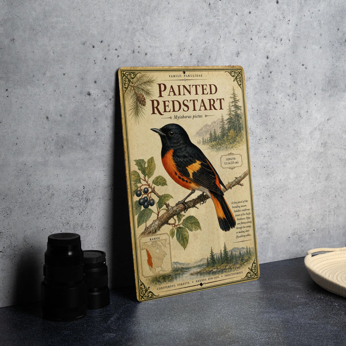 a vintage-style book cover for "Painted Redstart" by Parulidae, with a detailed illustration of a redbird perched on a branch.