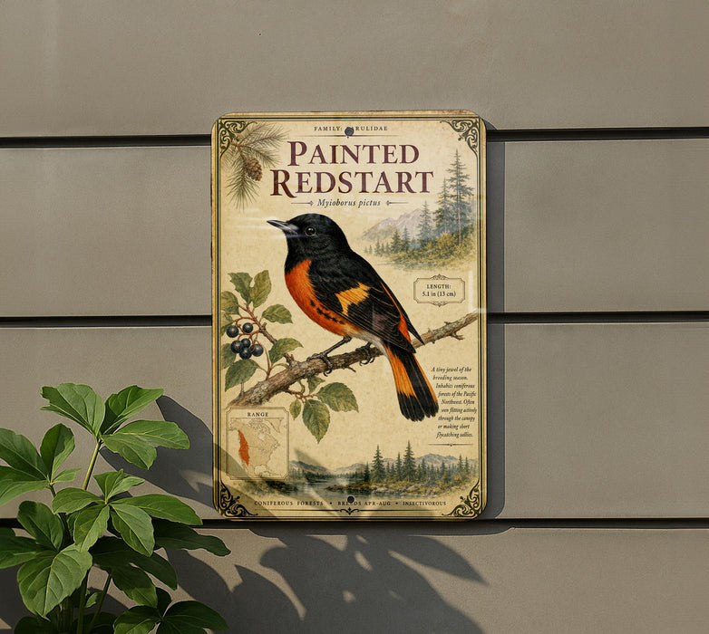a vintage-style metal sign with a painted redstart bird perched on a branch, set against a backdrop of pine trees and mountains.