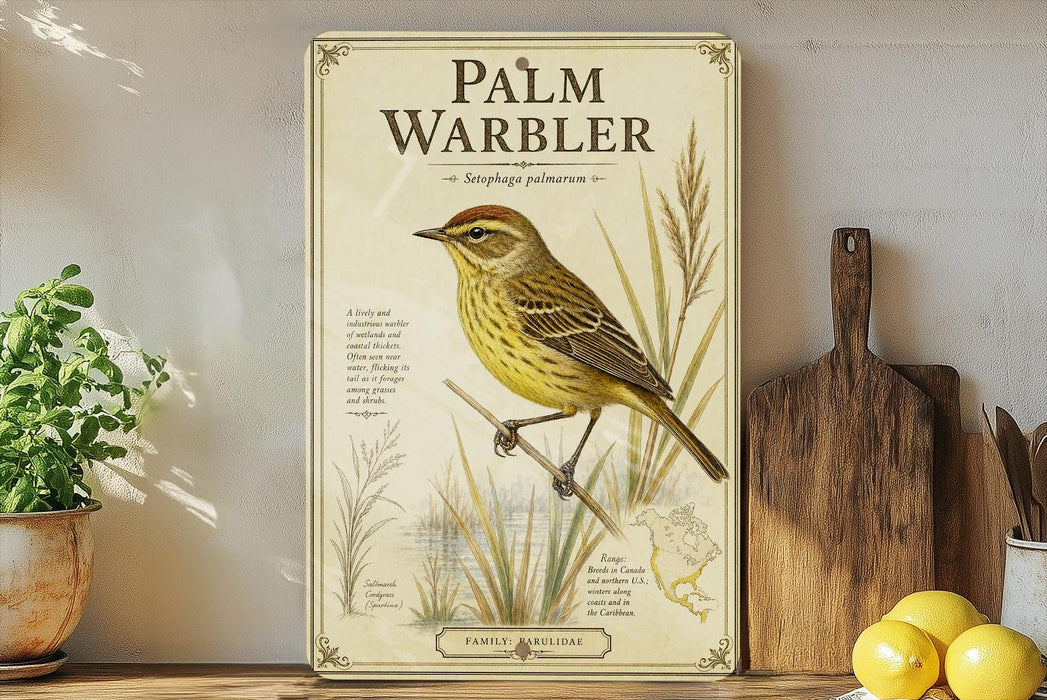 a framed illustration of a yellow warbler bird perched on a branch, surrounded by various natural elements such as grass and leaves.