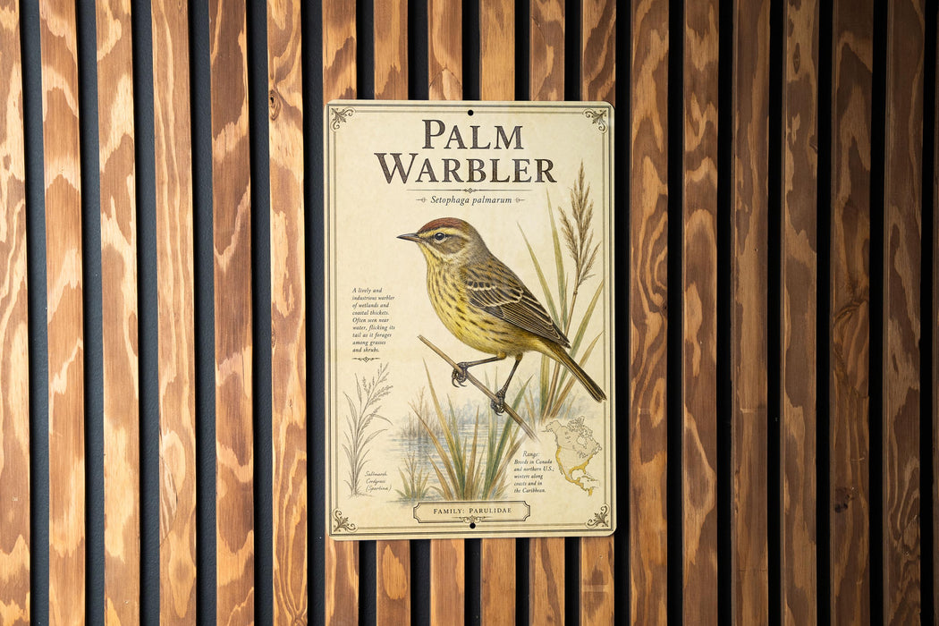 A metal sign with a bird illustration and text is mounted on a wooden wall.