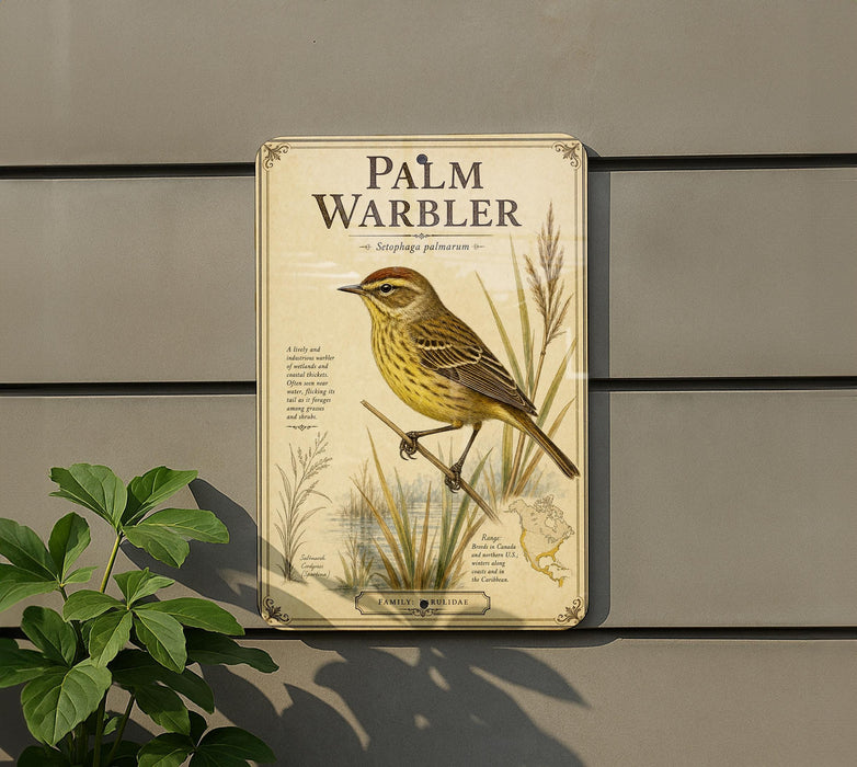 a metal plaque with a detailed illustration of a bird, specifically a Palm Warbler, perched on a branch.