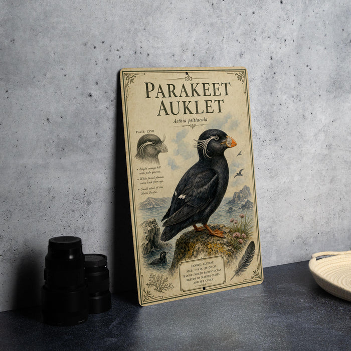 a metal plate with an illustration of a parakeet, along with text and a bird illustration.