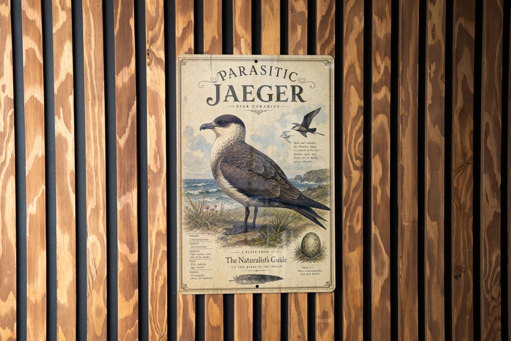 a metal sign with a bird illustration, mounted on a wooden wall.