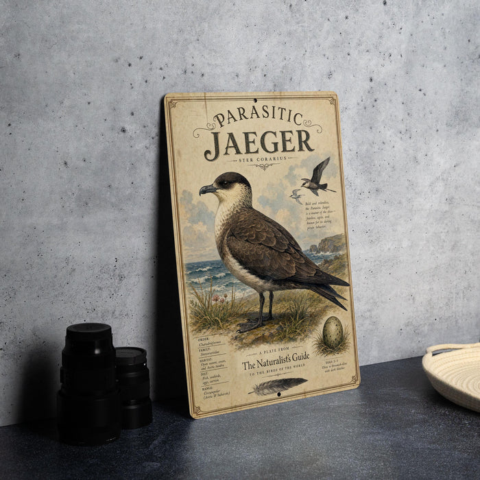 a vintage-style metal plate with an illustration of a bird, titled "Parasitic jaeger" and described as a "Plant-eating Parasite of the Caperids".