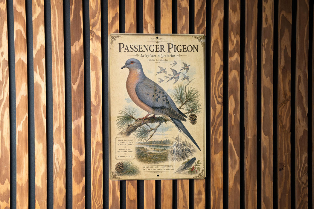 A vintage-style poster of a passenger pigeon is displayed on a wooden wall.