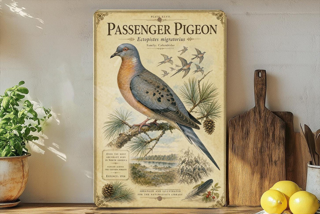 a vintage-style poster of a passenger pigeon, with illustrations of the bird and pine trees, displayed on a shelf next to a wooden cutting board and some lemons.