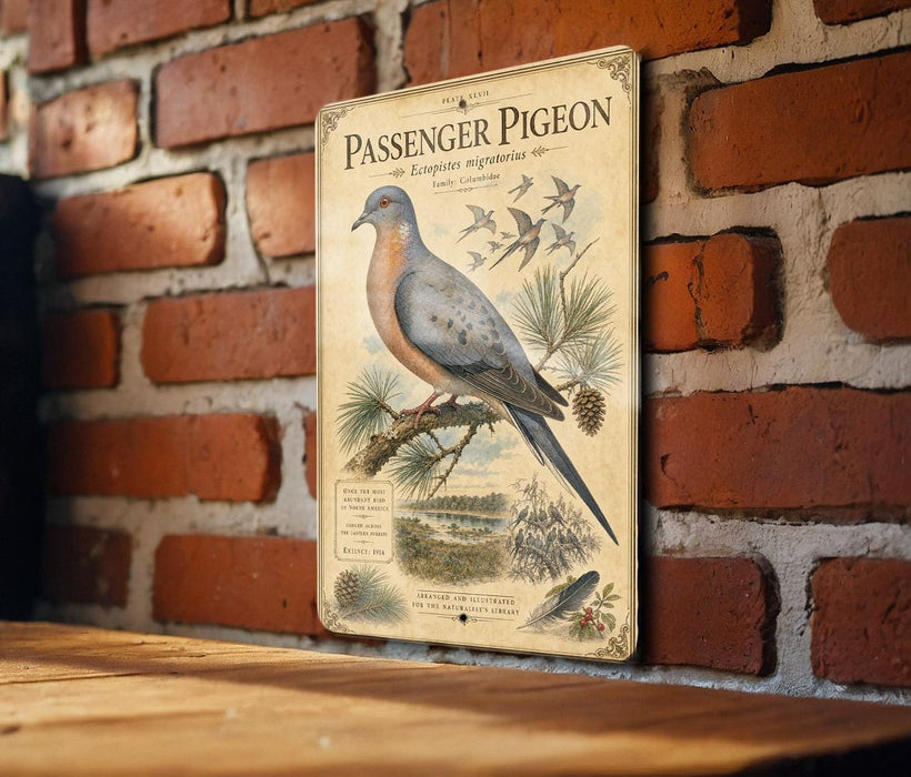 a vintage-style metal sign with an illustration of a passenger pigeon, mounted on a brick wall.
