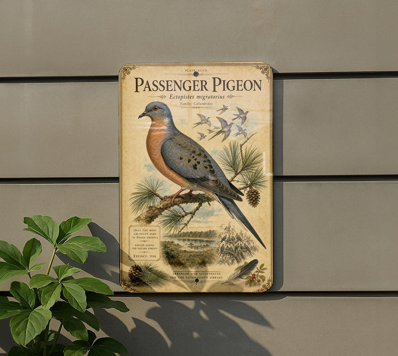 a vintage-style sign depicting a passenger pigeon, with a lush green plant in the foreground.