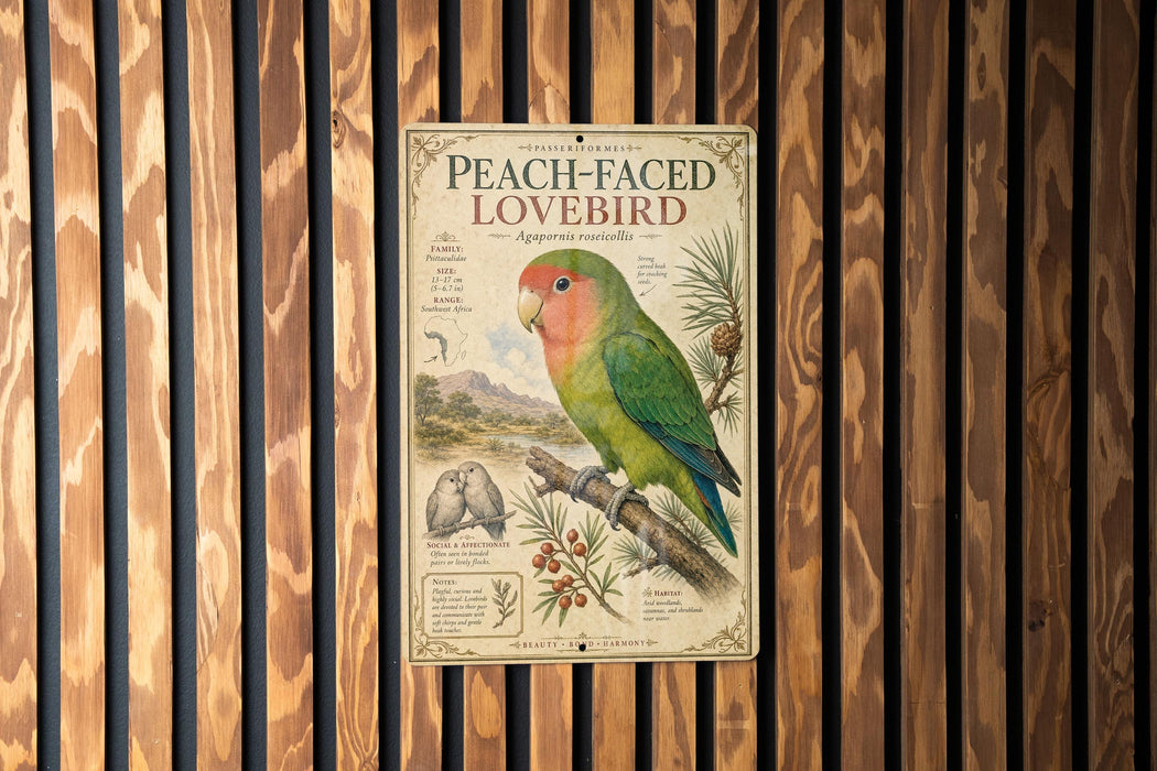 A vintage-style poster of a peach-faced lovebird is displayed on a wooden wall.