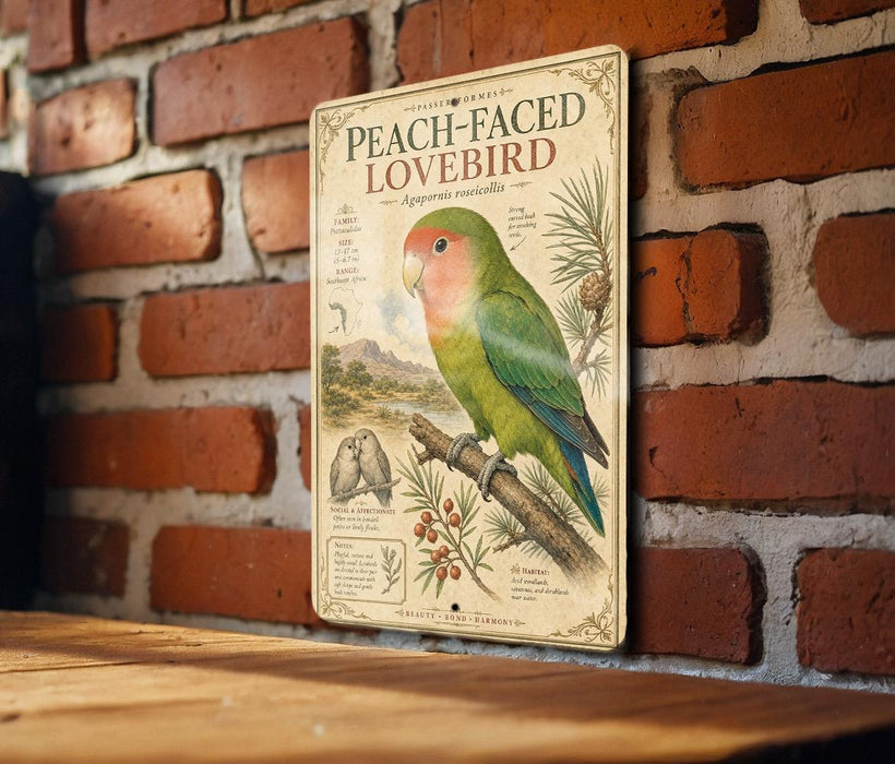A vintage-style metal sign featuring a colorful parrot, mounted on a brick wall.