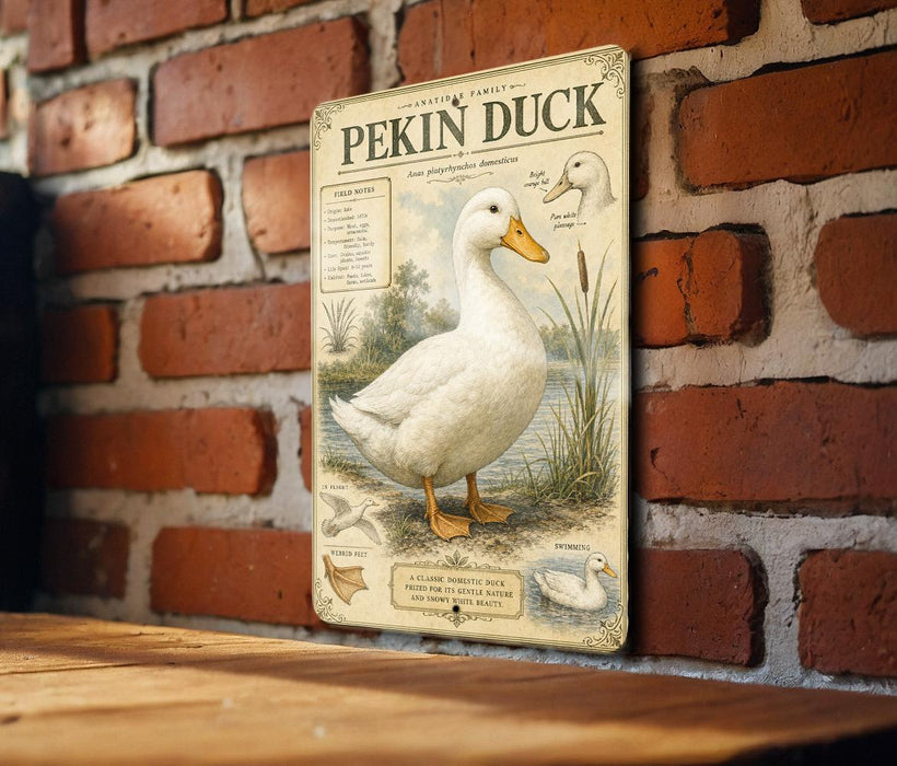 a vintage-style illustration of a Pekin duck on a brick wall, with accompanying text providing information about the duck.
