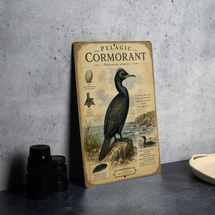 a framed illustration of a pelagic cormorant, a type of sea bird, standing on a rock near the ocean.