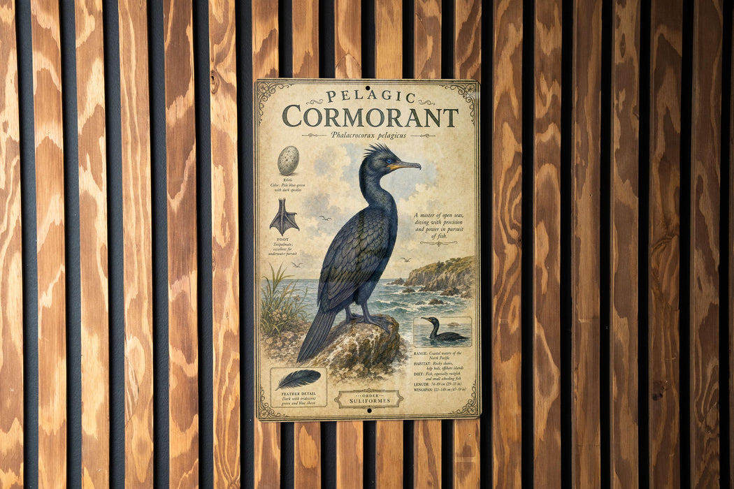 a vintage-style illustration of a pelagic cormorant, a large sea bird, perched on a rock. The bird is depicted in a detailed and realistic manner, showcasing its unique features and characteristics. The illustration is set against a backdrop of a wooden wall, which complements the overall aesthetic of the image.