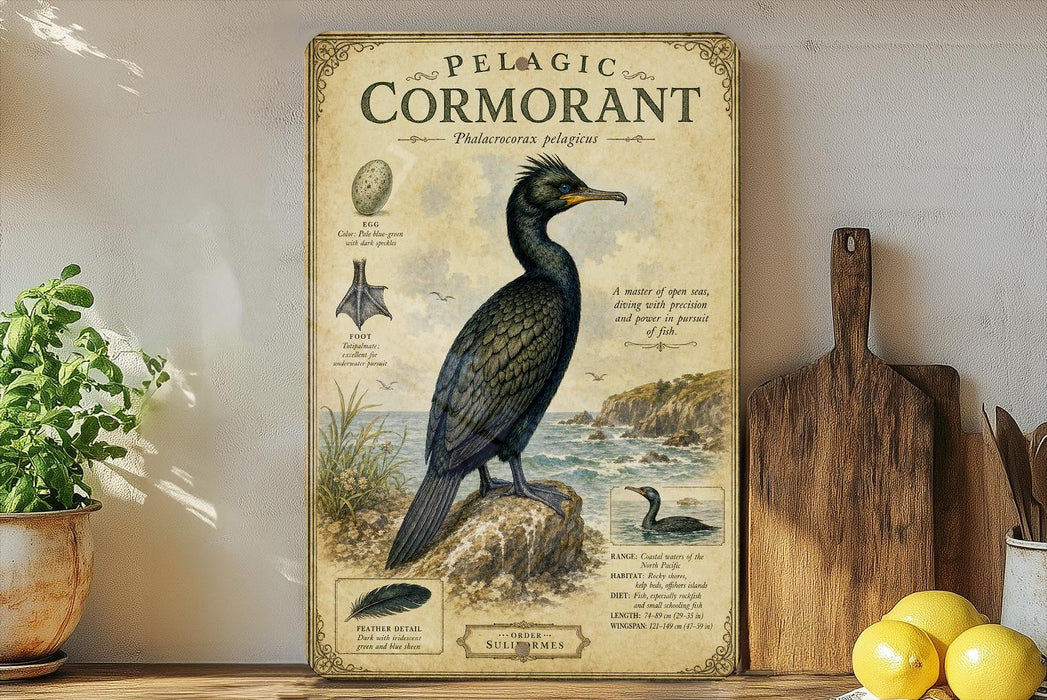 a poster of a pelagic cormorant, a type of sea bird, displayed on a shelf next to a wooden cutting board and some fruit.