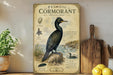 a poster of a pelagic cormorant, a type of sea bird, displayed on a shelf next to a wooden cutting board and some fruit.