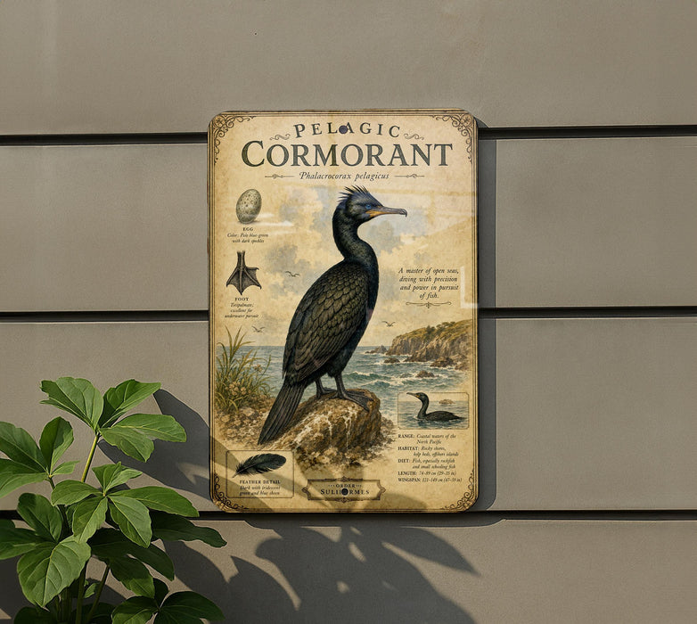 a metal sign with illustrations and text about a pelagic cormorant, a type of sea bird.