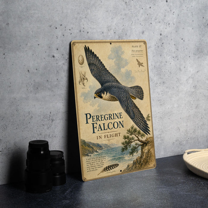 a vintage-style metal sign with illustrations of a flying bird, specifically a Peregrine Falcon, and text that reads "Peregrine Falcon in Flight".