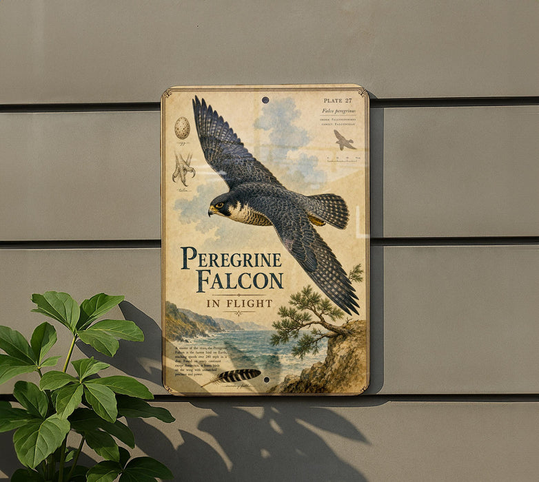 A sign depicting a Peregrine Falcon in flight, with a plant in the foreground.