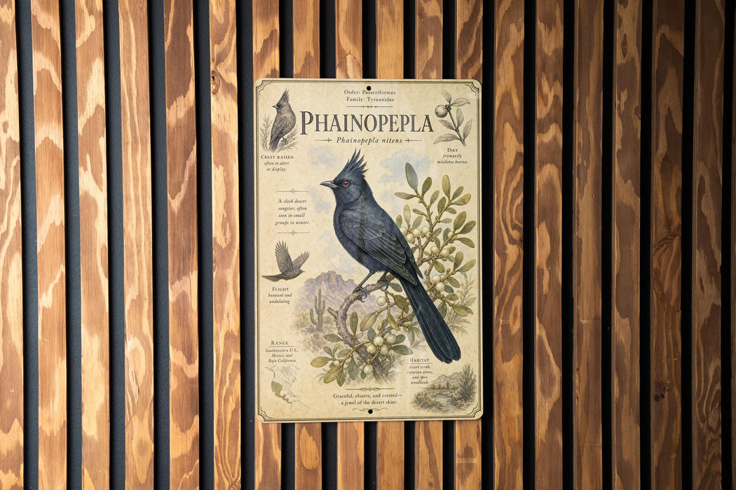 a detailed illustration of a Phainopela bird, which is a small, black bird with a long tail, perched on a branch with leaves and flowers. The illustration is set against a wooden background with vertical slats.