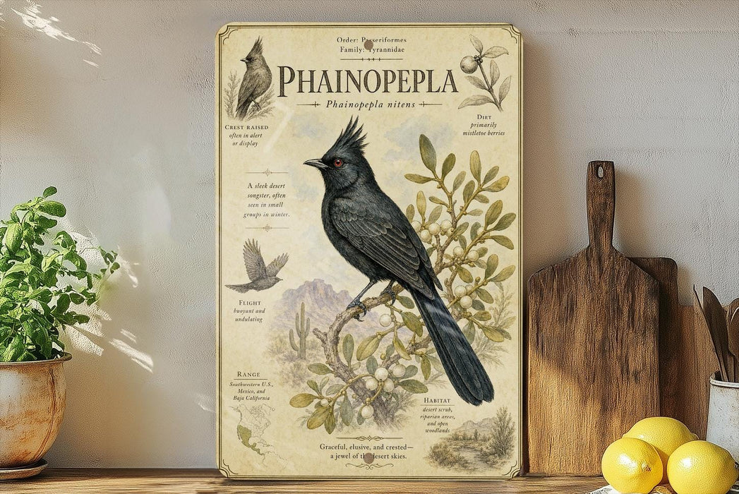 a vintage-style illustration of a black bird, likely a Phainopela, perched on a branch with various text and illustrations related to the bird's characteristics and habitat.