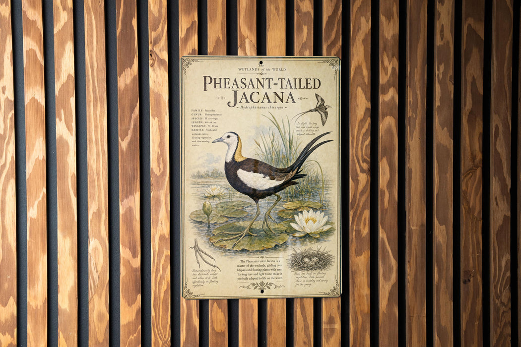 A poster of a Pheasant-tailed Jacana, a bird species, is displayed on a wooden wall.