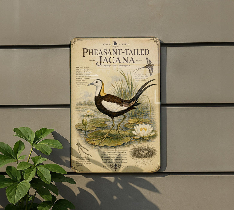 A vintage-style metal sign with illustrations of a bird and aquatic plants, mounted on a wall next to a plant.