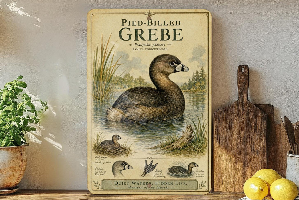 a vintage-style illustration of a pied billed grebe, a type of water bird, surrounded by illustrations of the bird in various aquatic environments. The illustration is set against a backdrop of a natural landscape, with a wooden paddle and a potted plant visible in the foreground.