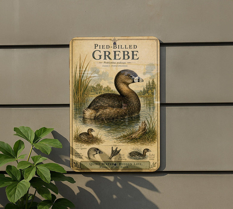 a vintage-style sign with illustrations of ducks and a caption that reads "Pied-Billed Grebe", which is a type of water bird.
