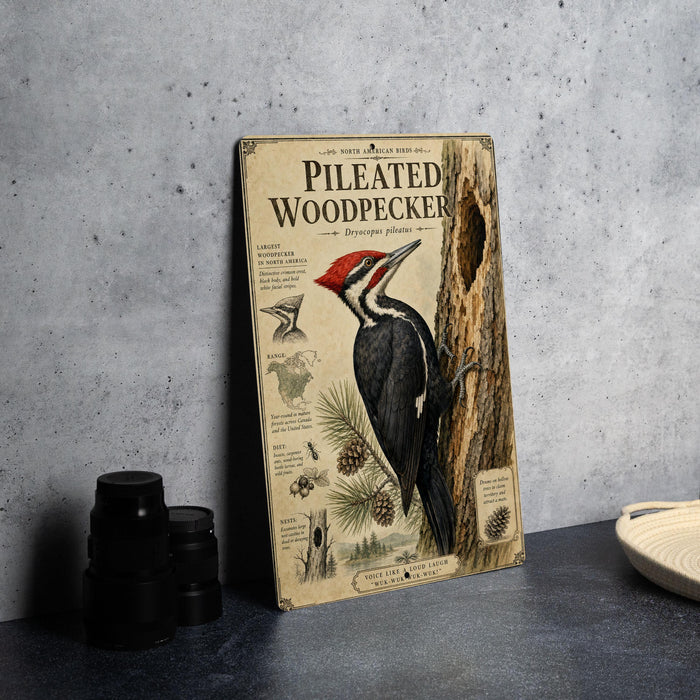 A framed illustration of a woodpecker is displayed on a table, accompanied by a stack of black camera lenses and a woven basket.