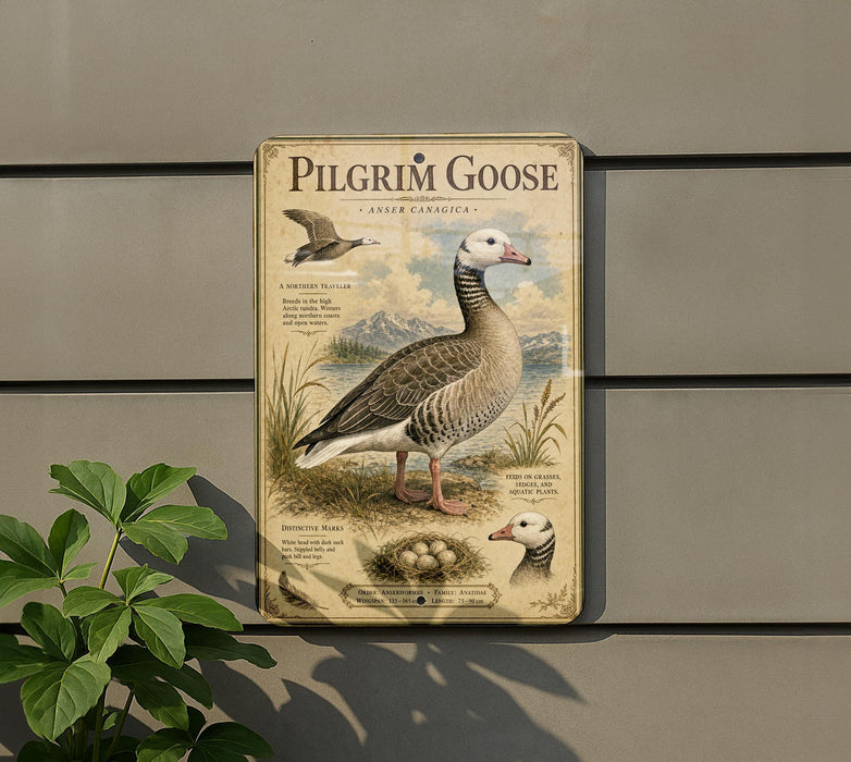 A metal sign with illustrations and text about a Pilgrim Goose, mounted on a wall next to a plant.