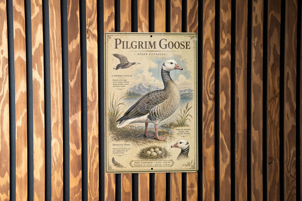 A vintage-style metal sign with illustrations and text about a Pilgrim Goose, mounted on a wooden wall.