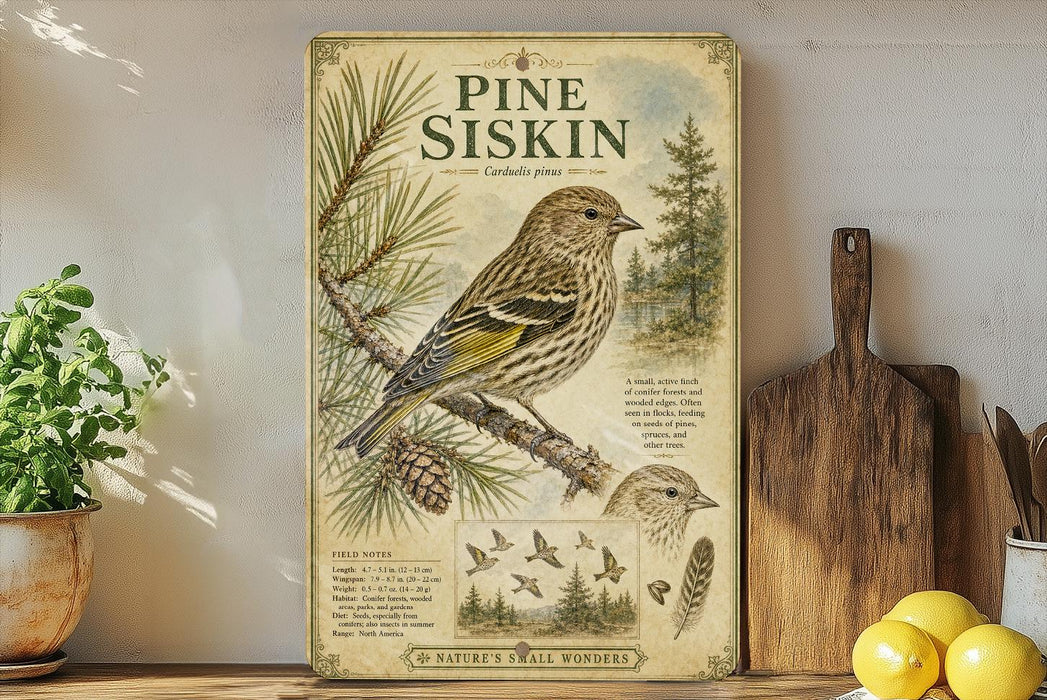a vintage-style illustration of a pine siskin bird, with a detailed depiction of its features and habitat. The illustration is displayed on a wooden surface, accompanied by a wooden paddle and a potted plant.