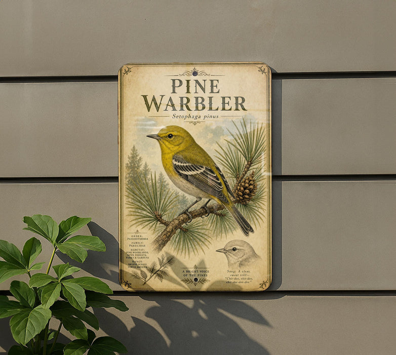 a vintage-style metal sign with a pine warbler illustration, mounted on a wall next to a plant.