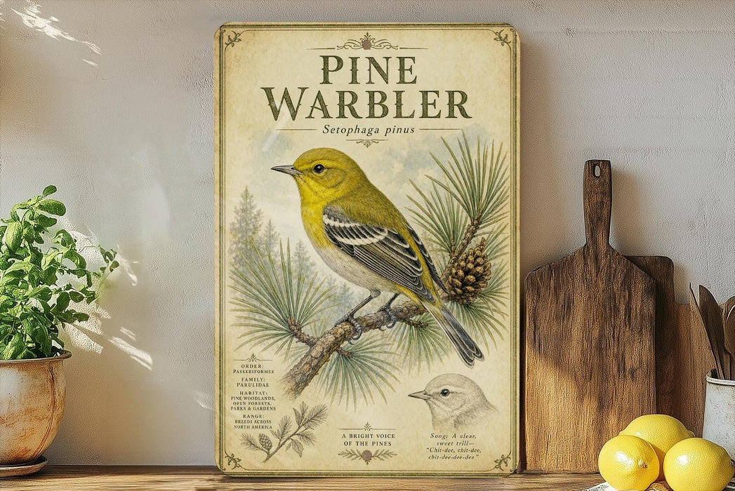 a vintage-style poster of a pine warbler, a type of bird, displayed on a shelf next to a wooden cutting board and some potted plants.
