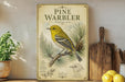 a vintage-style poster of a pine warbler, a type of bird, displayed on a shelf next to a wooden cutting board and some potted plants.