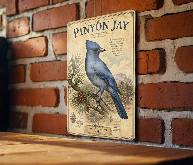 a vintage-style illustration of a blue bird, likely a piny jay, perched on a branch against a brick wall background.