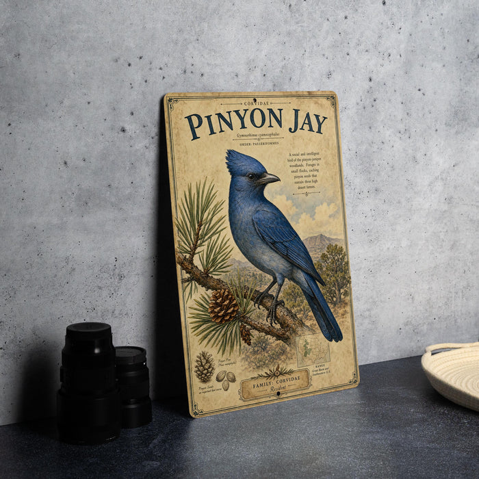 A vintage-style metal sign featuring an illustration of a blue jay bird, with text and decorative elements.