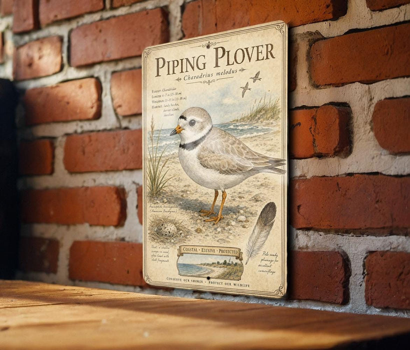 a vintage-style metal sign with an illustration of a piping plover bird, mounted on a brick wall.