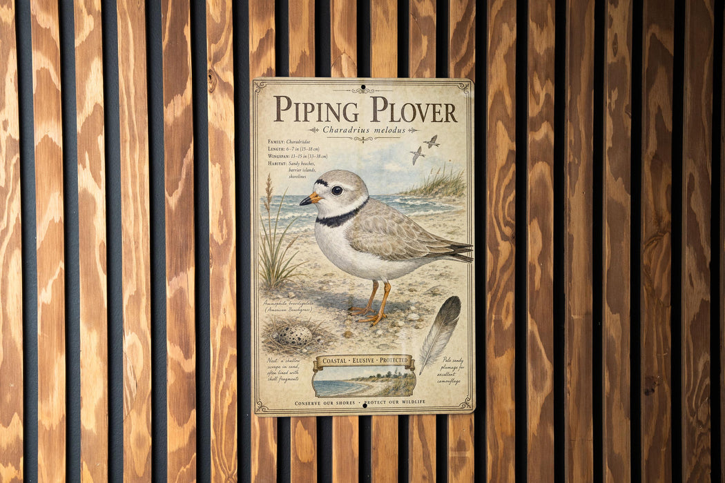 a poster of a piping plover bird, which is a type of shorebird, displayed on a wooden wall.