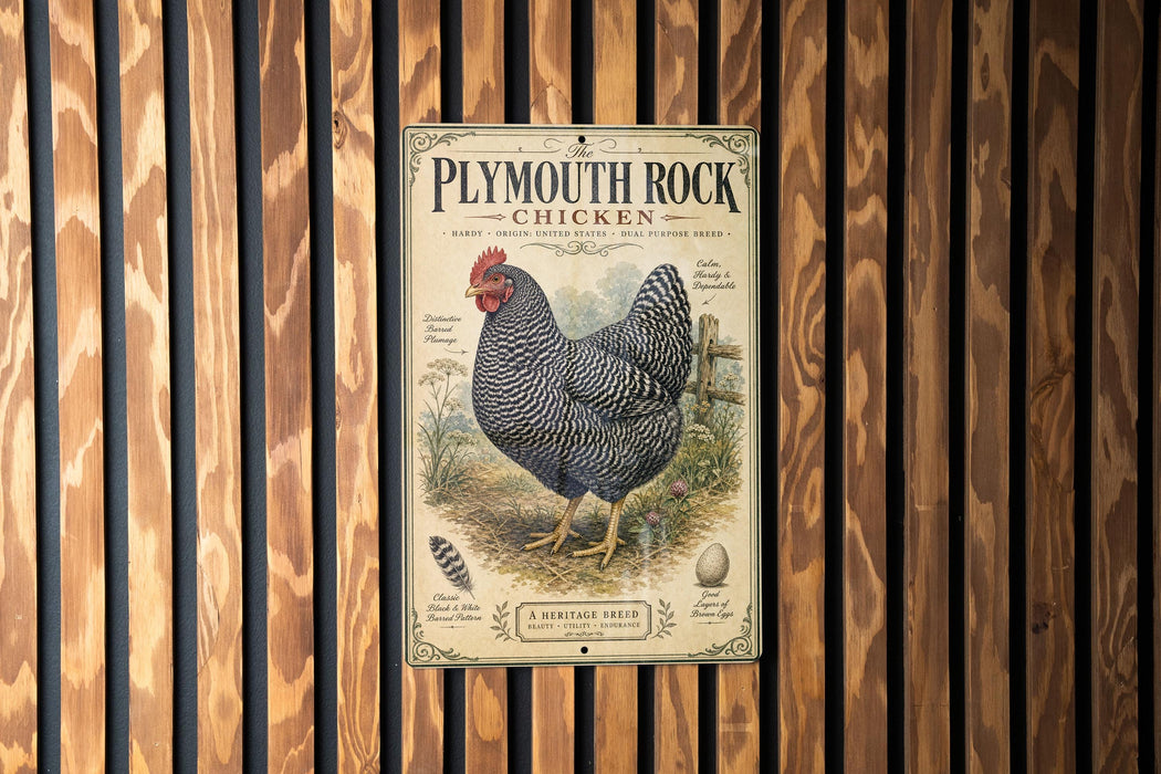 A vintage-style advertisement for Plymouth Rock chicken, featuring a detailed illustration of a black and white speckled chicken standing on a grassy area.