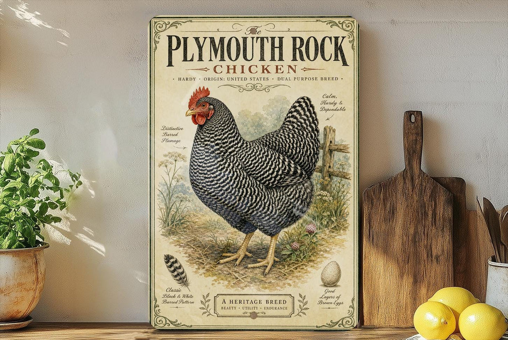 a vintage-style poster of a Plymouth Rock chicken, which is a breed known for its distinctive black and white striped feathers. The poster is displayed on a wooden shelf, surrounded by various kitchen items such as a wooden cutting board, a lemon, and a potted plant.