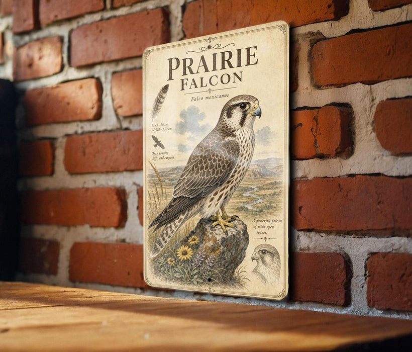 a metal sign with an illustration of a peregrine falcon, mounted on a brick wall.