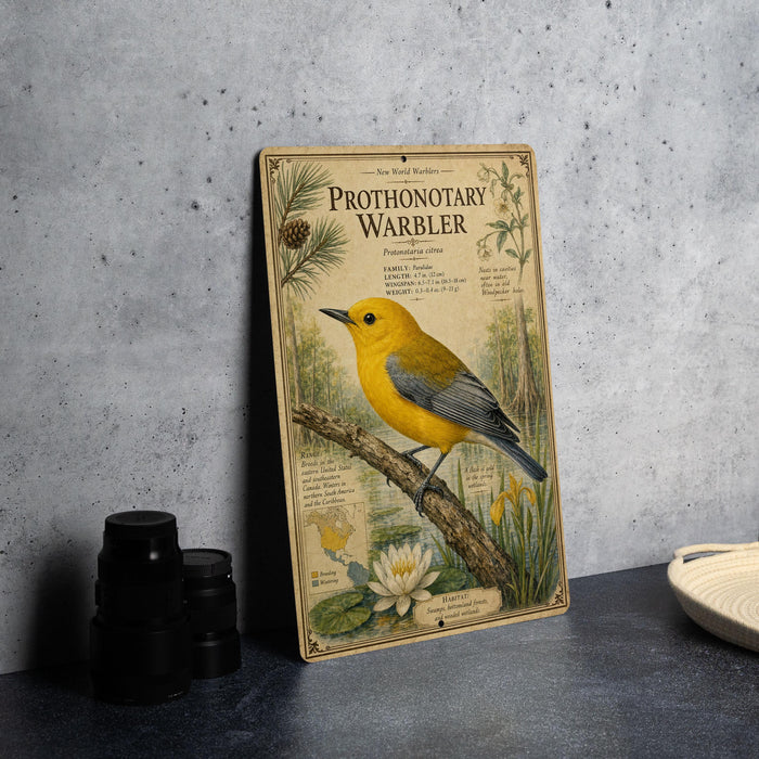 a metal sign with a detailed illustration of a yellow and black bird perched on a branch, surrounded by various plants and flowers.