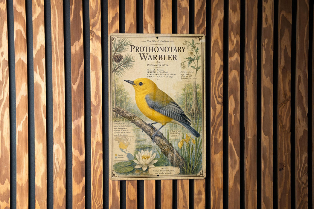 a poster of a yellow bird perched on a branch, surrounded by various plants and flowers, mounted on a wooden wall.