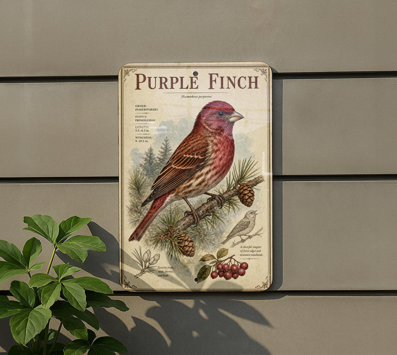 a vintage-style metal sign with a detailed illustration of a purple finch perched on a pine branch, surrounded by pine cones and berries.