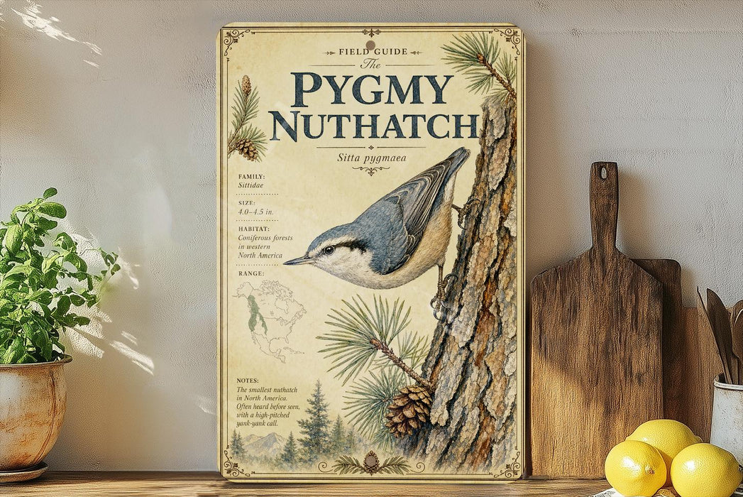 a vintage-style field guide poster titled "The Pygmy Nuthatch" with illustrations of pine trees and a bird perched on a tree trunk. The poster is displayed on a wooden shelf, with a potted plant, a cutting board, and some lemons nearby.
