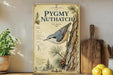 a vintage-style field guide poster titled "The Pygmy Nuthatch" with illustrations of pine trees and a bird perched on a tree trunk. The poster is displayed on a wooden shelf, with a potted plant, a cutting board, and some lemons nearby.