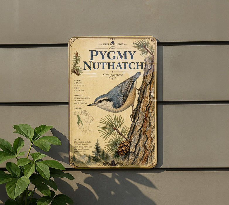 a vintage-style metal sign with illustrations of a bird perched on a tree trunk, surrounded by pine cones and pine needles.